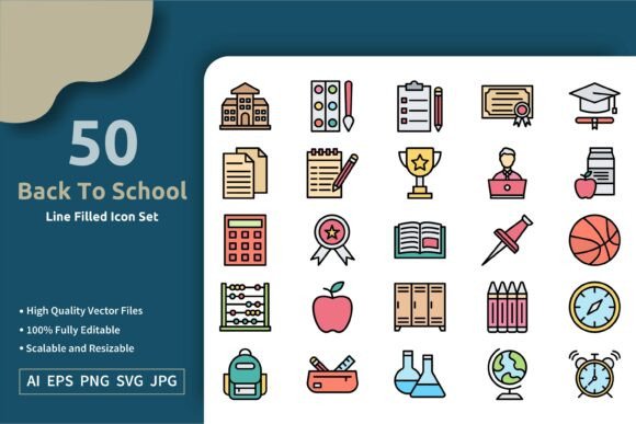 50 Back to School Line Filled Icon Set